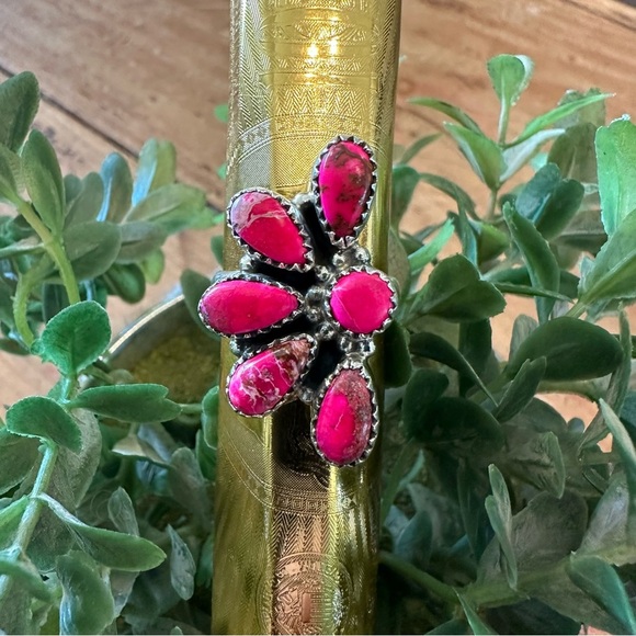 Sea Sediment Pink Jasper Adjustable Sterling Silver 925 Half Cluster Ring - Picture 1 of 9